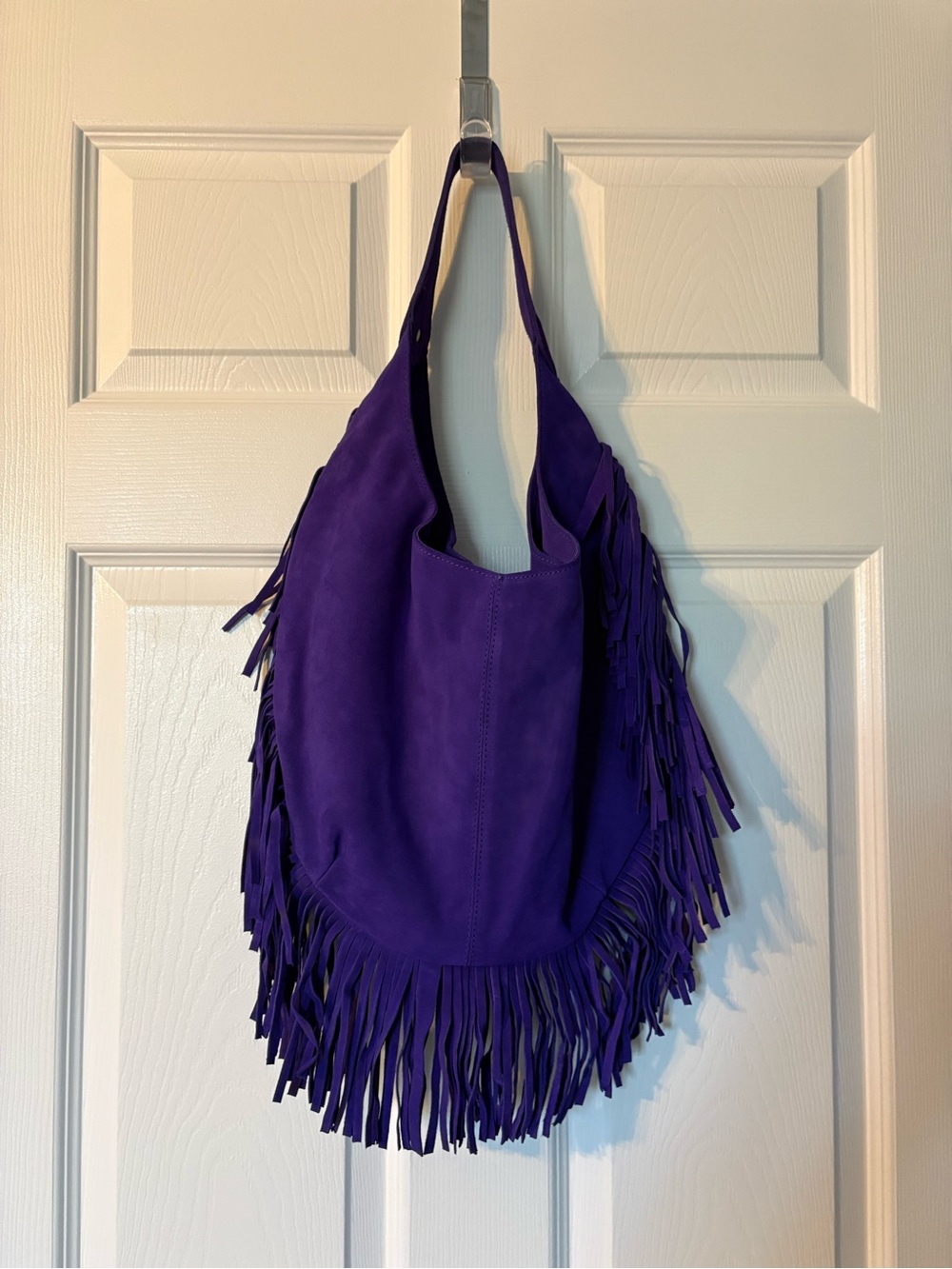 Purple Fringe Suede Hobo Bag